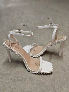 Rhinestone Embellished White High Heel Sandals With Ankle Strap & Square Toe Des